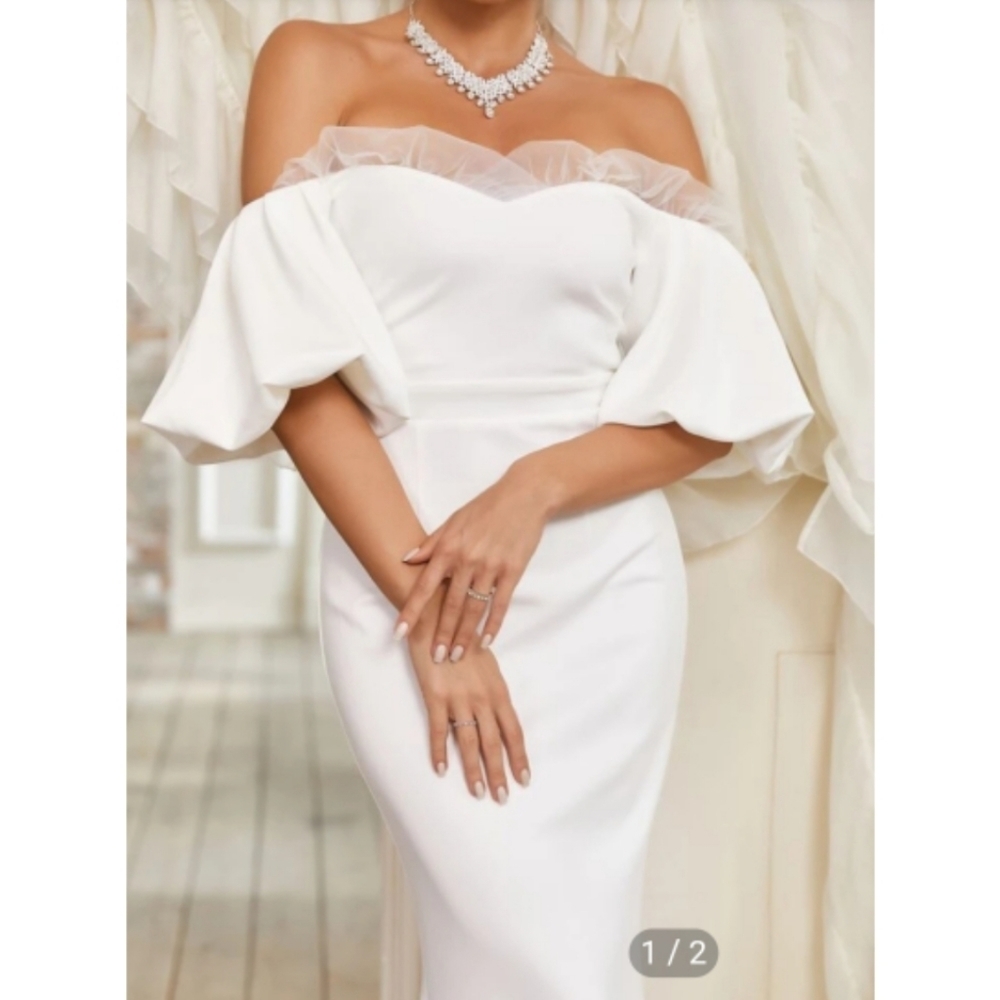 NEW Off Shoulder Contrast Mesh Mermaid Hem White Puff Sleeve Wedding Dre… - Picture 3 of 17